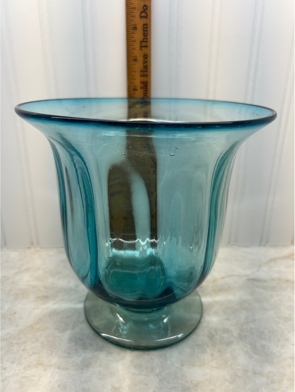 Stunning Vintage Teal Blue Art Glass Pedestal Vase / Hurricane Candle Holder